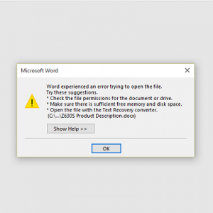 Word experienced an error trying to open the file